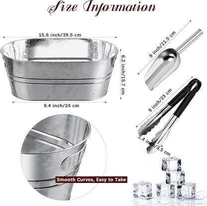 4 Pieces Galvanized Metal Drink Cooler Beverage Tubs Insulated Drink Tub with 4 Ice Scoop and 4 Stainless Steel Tongs 4 Gallons Beverage Ice Tubs for Summer Parties