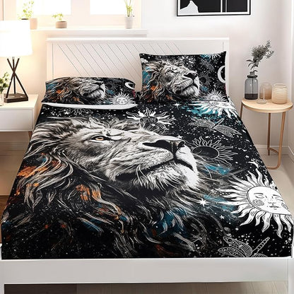 AILONEN Lion Print Twin XL Size Fitted Sheet Set for Boys, Sun and Moon Bed Sheet Cover Set TwinXL,3 Pieces Black and White Sheet Set TwinXL Galaxy Lion Fitted Sheet with 2 Pillowcases