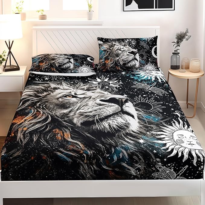 AILONEN Lion Print Full Size Fitted Sheet Set for Boys, Sun and Moon Bed Sheet Cover Set Full,3 Pieces Black and White Sheet Set Full Galaxy Lion Fitted Sheet with 2 Pillowcases