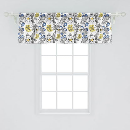 Ambesonne Garden Window Valance, Romantic Peony Hydrangea and Blue Violet Blossoms in Sketch Art Style, Curtain Valance for Kitchen Bedroom Decor with Rod Pocket, 42" x 18", Dark Grey Yellow