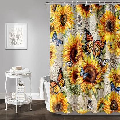 AILONEN Girls Sunflower Shower Curtain,Butterfly Sunflower Bath Curtain for Kids Women,Vintage Yellow Flower Decor Bathroom Curtain with 12 Plastic Hooks, 72" W x 96" H