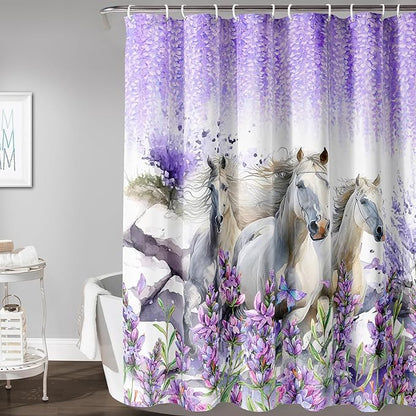 AILONEN Horse Shower Curtain for Boys Girls, Purple Lavender Flower Bath Curtain 72" W*72" H Galloping Horse Bathroom Curtain Polyester Waterproof Watercolor Bathroom Curtain with 12 Hooks