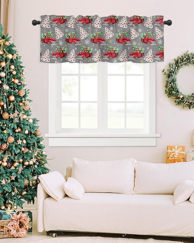 Red Truck Christmas Valance Curtains for Kitchen Windows Merry Christmas Tree Rod Pocket Window Treatment Toppers for Kitchen/Living Room/Bedroom/Bathroom, 42" X 18", Winter Snowflake Grey