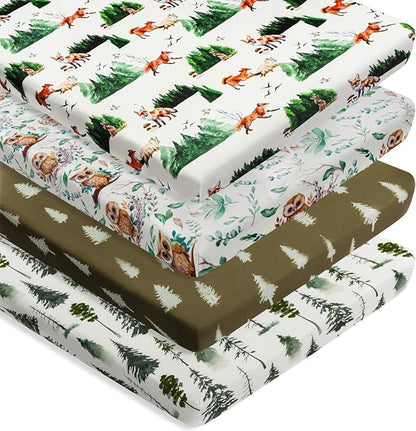 4 Pack N Play Sheets Woodland Forest Animals Wood Neutral Unisex Fitted Baby N Play Sheets Fitted for Standard Pack and Plays and Mini Cribs Set for Baby Boys or Girls (Paint Fox)