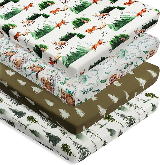 4 Pack N Play Sheets Woodland Forest Animals Wood Neutral Unisex Fitted Baby N Play Sheets Fitted for Standard Pack and Plays and Mini Cribs Set for Baby Boys or Girls (Paint Fox)