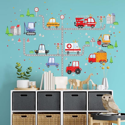 Large Car Wall Decals for Kids by Lipastick - 58 pcs Transports Wall Stickers Peel and Stick Truck Stickers - Wall Decals for Boys Kids Baby Room - Construction Cars City Wall Decor Removable M Size