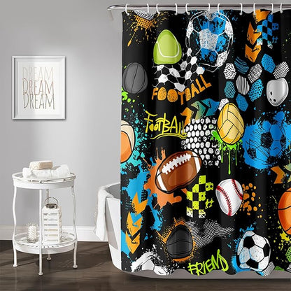 AILONEN Graffiti Sport Shower Curtain,Boys Graffiti Basketball Football Baseball Rugby Sport Bath Curtain Minimalist Bathroom Curtain 72" W*78" H Polyester Waterproof Bathroom Curtain with 12 Hooks