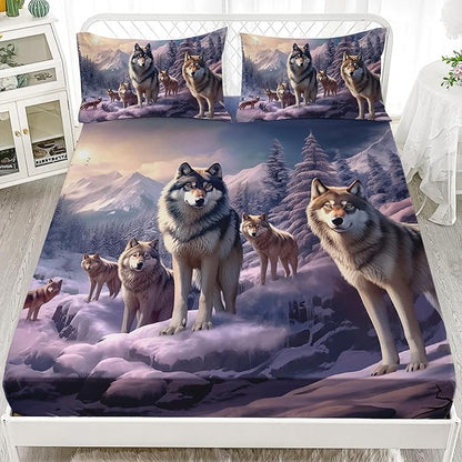 AILONEN Snow Wolf Fitted Sheet Set Twin XL Size, Winter Sunset Wildlife Wolf Bed Sheet Set for Boys Girls Adults,Safari Wolves Print Fitted Sheet with 2 Pillowcases,3 Pieces