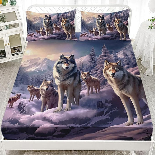 AILONEN Snow Wolf Fitted Sheet Set Twin XL Size, Winter Sunset Wildlife Wolf Bed Sheet Set for Boys Girls Adults,Safari Wolves Print Fitted Sheet with 2 Pillowcases,3 Pieces