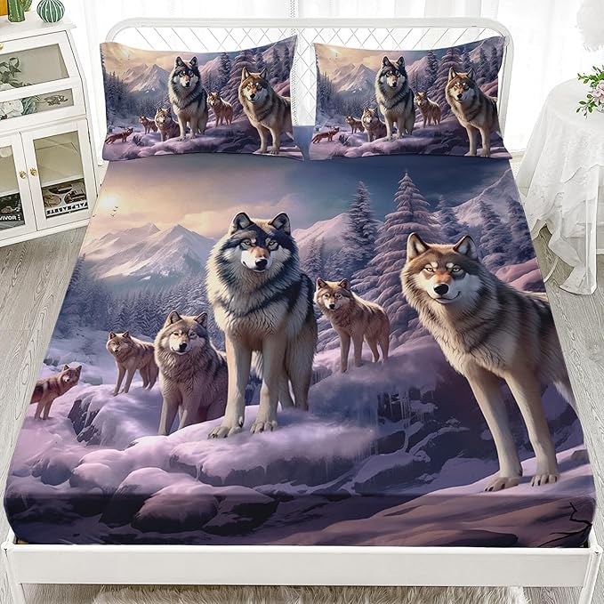 AILONEN Snow Wolf Fitted Sheet Set Twin Size, Winter Sunset Wildlife Wolf Bed Sheet Set for Boys Girls Adults,Safari Wolves Print Fitted Sheet with 2 Pillowcases,3 Pieces