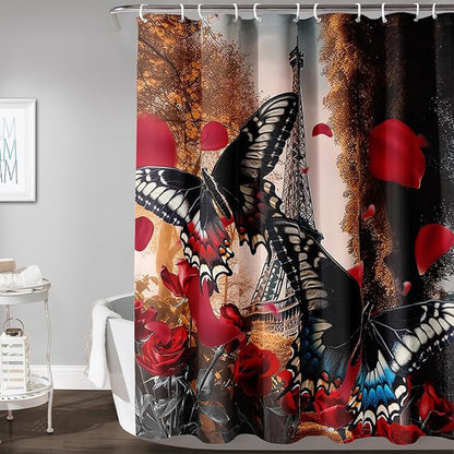 AILONEN Butterfly Shower Curtain for Bathroom,Romantic Red Rose Flower Butterfly Bath Curtain 72" W*96" H,Retro Eiffel Tower Decoration Waterproof Bathroom Curtain with 12 Plastic Hooks