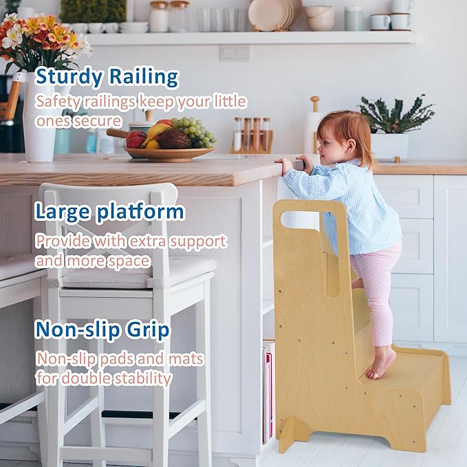 Large Kids Step Stool with Handles, Wooden Step Stool for Kids with Safety Anti-Slip Mats, Toddler Step Stool for Bathroom Sink, Kitchen, Toilet Potty Training, Washing Hands and Brushing Teeth