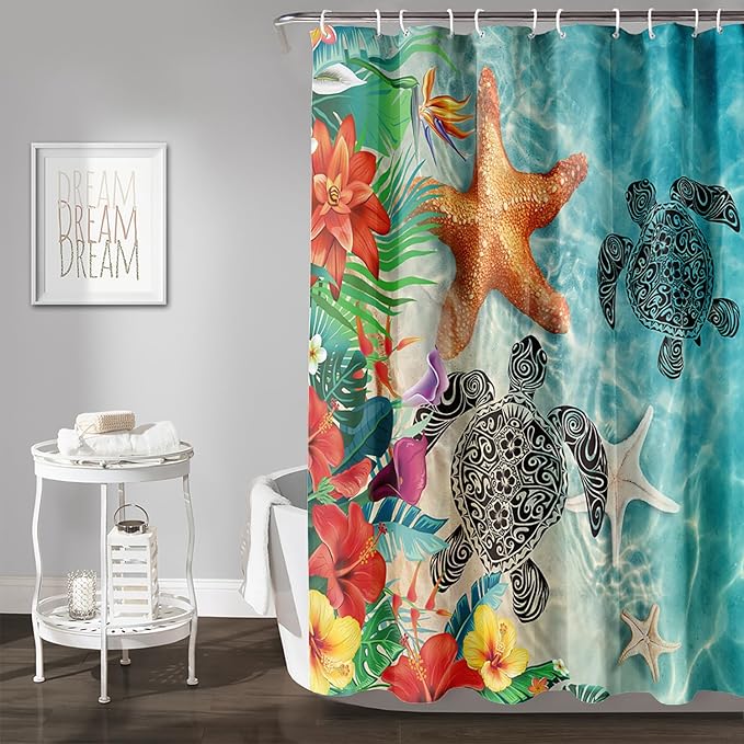 AILONEN Sea Turtle Shower Curtain,Sea Turtle with Starfish Bath Curtain Cloth Fabric Bathroom 48" W*72" H Inch,12 Pack Hooks for Kids,Ocean Themed Bathroom Curtain
