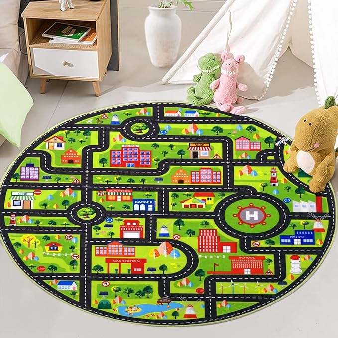 Round Kids Playmat, City Life Carpet Mat Toddler Classroom Kids Road and Traffic Carpet Non Slip Nursery Rug City Map Educational Rug for Bedroom Kids Boys Room, 4' x 4' Round, Black