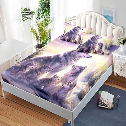 AILONEN Wolf Fitted Sheet Set Twin XL Snow Wolf Bed Sheet Set, Wolfmother and Wolf Pups Theme Bedding Set 3 Pieces Wildlife Wolf Sheet Set for Boys Girls,1 Fitted Sheet with 2 Pillowcases