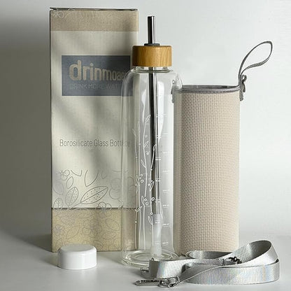 32 oz Motivational Glass Water Bottles with 2 Lids | Sports Water Bottle with Neoprene Sleeve and Adjustable Strap (White Plastic Lid and Bamboo Lid with Straw)
