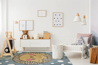 KC Cubs Boy & Girl Modern Decor Multicolor Area Rug and Carpet Collection for Kids, Toddlers and Baby Nursery, Animal Faces Blue Lion