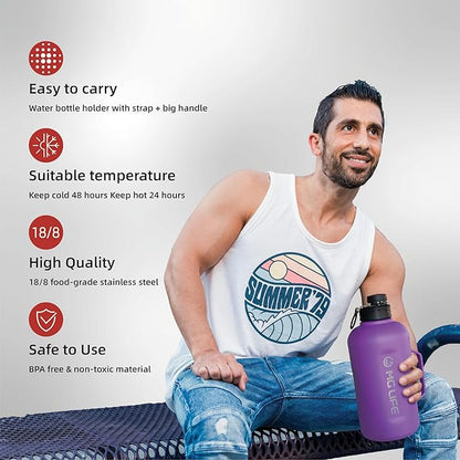 64oz Insulated Water Bottle With Handle, Stainless Steel Thermos With Straw, Water Bottle Holder With Strap, Half Gallon Water Jug, For Water, Iced Tea Or Coffee, On Gym, Black (Purple)