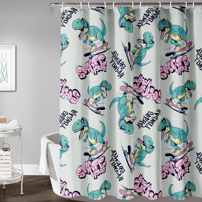 AILONEN Cute Dinosaur Kids Shower Curtain,Sport Cool Dinosaur Bath Curtain Gifts for Boys Teens,Skate Dinosaur Polyester Waterproof for Bathroom with 12 Plastic Hooks 72" W*96" H