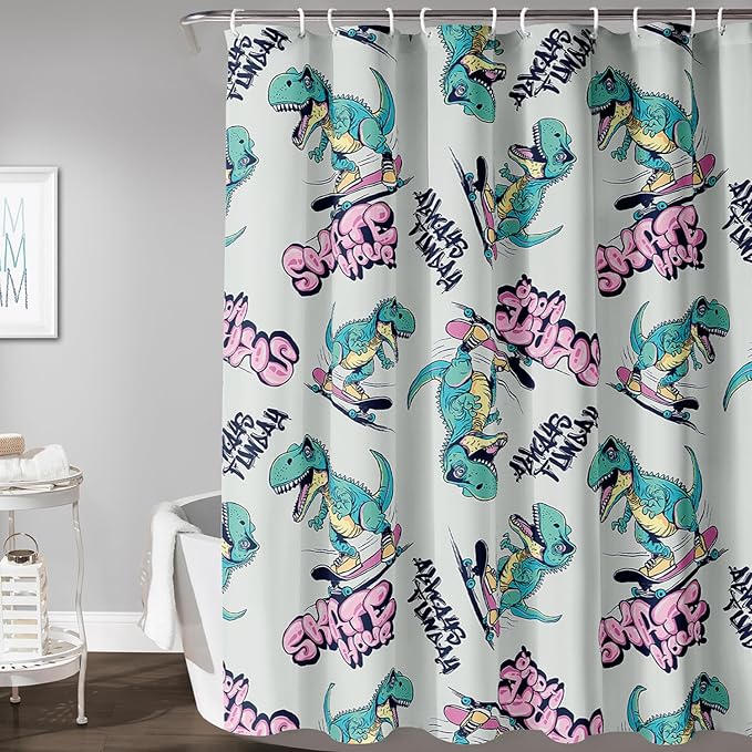 AILONEN Cute Dinosaur Kids Shower Curtain,Sport Cool Dinosaur Bath Curtain Gifts for Boys Teens,Skate Dinosaur Polyester Waterproof for Bathroom with 12 Plastic Hooks 72" W*78" H