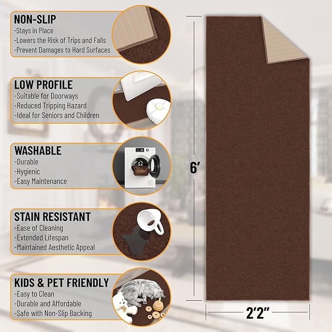 Machine Washable Modern Solid Design Non-Slip Rubberback 2x6 Traditional Runner Rug for Hallway, Kitchen, Bedroom, Living Room, 2'2" x 6', Brown