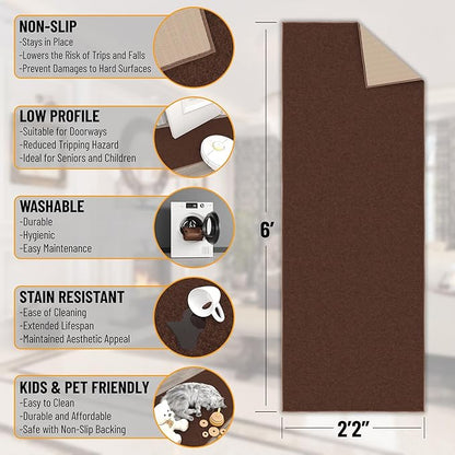 Machine Washable Modern Solid Design Non-Slip Rubberback 2x6 Traditional Runner Rug for Hallway, Kitchen, Bedroom, Living Room, 2'2" x 6', Brown