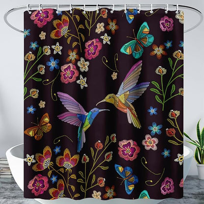 AILONEN Retro Hummingbird Shower Curtain,Wild Floral Flower Bathroom Decor with 12 Plastic Hooks,Bird Butterfly Vintage Black Curtains,Modern Bedroom Decor Gifts for Girls Teen Adult 72" W*84" H