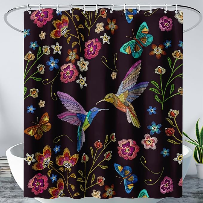 AILONEN Retro Hummingbird Shower Curtain,Wild Floral Flower Bathroom Decor with 12 Plastic Hooks,Bird Butterfly Vintage Black Curtains,Modern Bedroom Decor Gifts for Girls Teen Adult 72" W*96" H