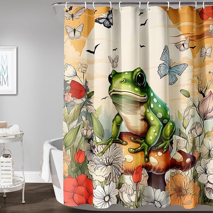 AILONEN Cartoon Frog Waterproof Shower Curtain,Nature Plant Fungus Flower Frog Bath Curtain,Fantasy Sunset Abstract Yellow Bathroom Curtain Decor 48" W x 72" H