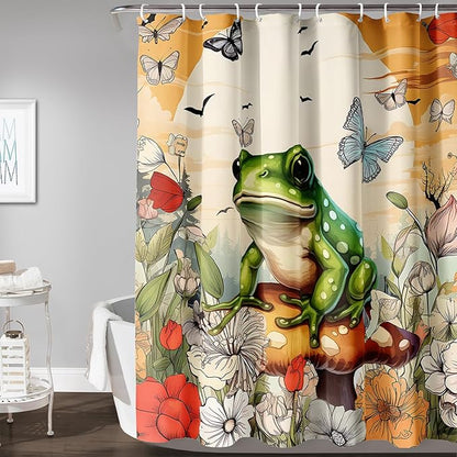 AILONEN Cartoon Frog Waterproof Shower Curtain,Nature Plant Fungus Flower Frog Bath Curtain,Fantasy Sunset Abstract Yellow Bathroom Curtain Decor 72" W x 78" H