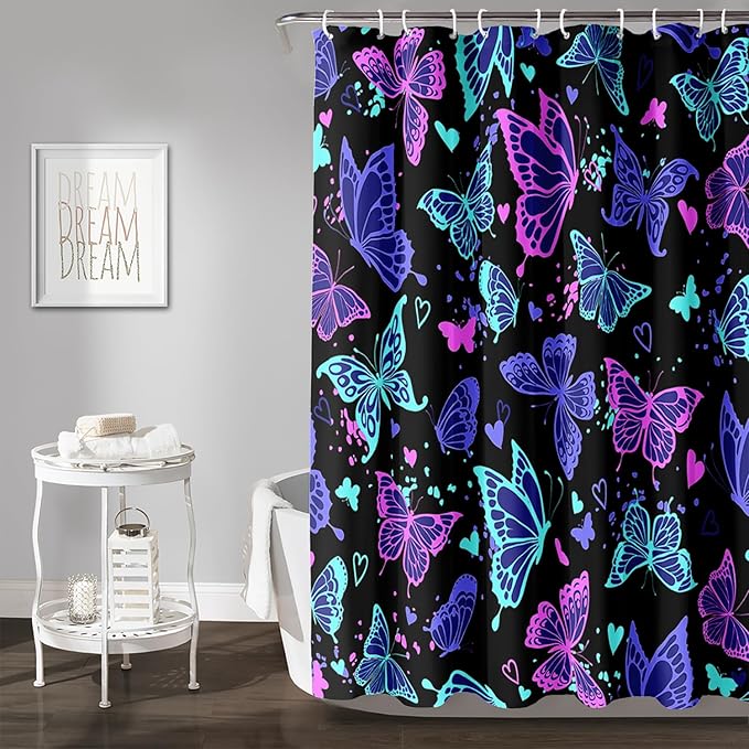 AILONEN Colorful Butterfly Shower Curtain, Butterfly Bath Curtain for Bathroom Decor,Polyester Waterproof with 12 Plastic Hooks 36" W*72" H