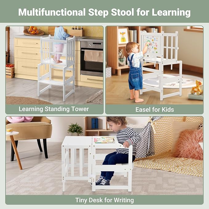COSYLAND 3-in-1 Multifunctional Toddler Standing Tower, Kids Kitchen Step Stool with Whiteboard, Desk Table and Chair, Enjoys Unique Patented Design,FSC,CPC,SOR,CE,White