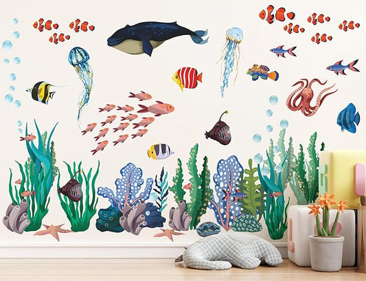 6 Sheets Under The Sea World Wall Decals Ocean Animals Wall Decals Removable DIY Watercolor Whale Jellyfish Fish Starfish Seaweed Ocean Grass Decor for Kids Living Room Bedroom Bathroom Decor