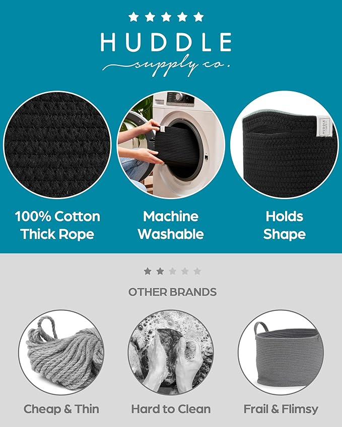 WASHABLE Woven Baskets for Storage Baskets for Shelves Large Cotton Rope Baskets for Organizing Decorative Storage Bins Bathroom, Shelves, Toys,Storage Cube Bins, Small Baskets for Organizing (Black)