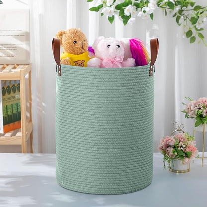 80L Large Rope Basket, Woven Rope Storage Basket with Leather Handles, Dog Toy Storage Basket, Bedroom, Nursery Blanket Storage, Bathroom Laundry Basket, 16“x20” Tall Rope Basket (Green)