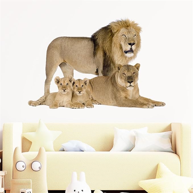 Lion Wall Decals, Vinyl Removable 3D Stickers for Bedroom Nursery Decor - Peel and Stick Cute Baby Girl Boy Toddler Kids Room Art Decoration, Woodland Forest Safari Jungle Mural Waterproof