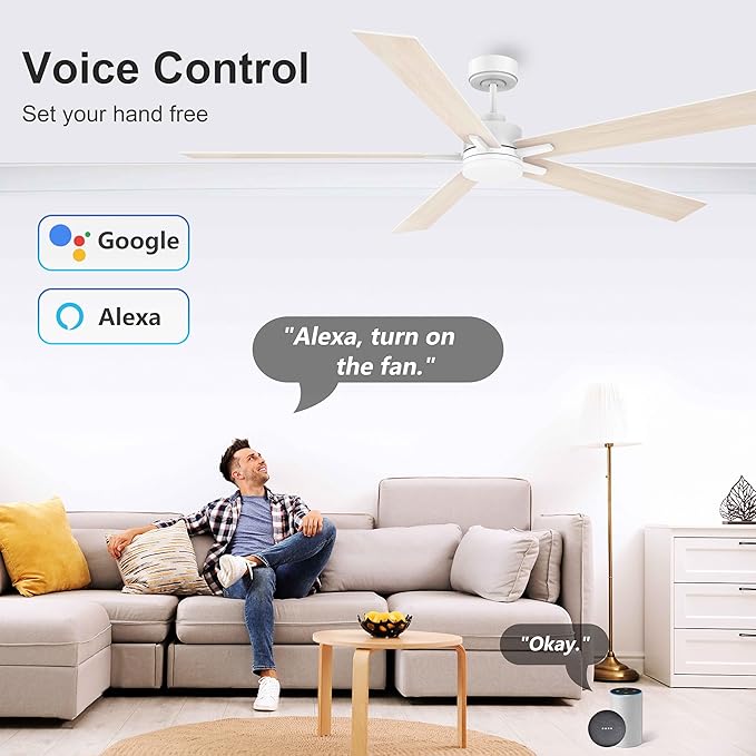 72" Large Smart Ceiling Fan with Lights Remote,Silent DC Motor,Control via Voice Alexa Google App,Outdoor Indoor Modern Ceiling Fans for Large Living Room Patios Decks,Dimmable,5 Blades in White&Wood