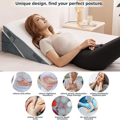 3PCS Bed Wedge Pillow Set - Memory Foam Adjustable 8&12'' Folding Triangle Pillow for Leg Knee Support Sleep Apnea Back Pain Relief Acid Reflux Snoring Sitting Up Rest Post Surgery Recovery