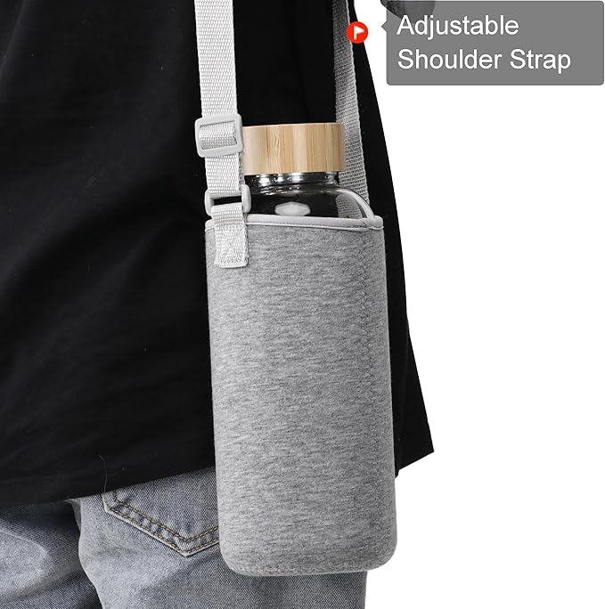 50 Oz Glass Water Bottle Wide Mouth with Time Markers, Bamboo Lid, Neoprene Sleeve Bpa Free