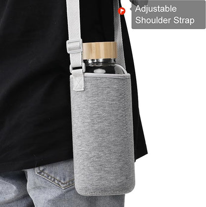 50 Oz Glass Water Bottle Wide Mouth with Time Markers, Bamboo Lid, Neoprene Sleeve Bpa Free