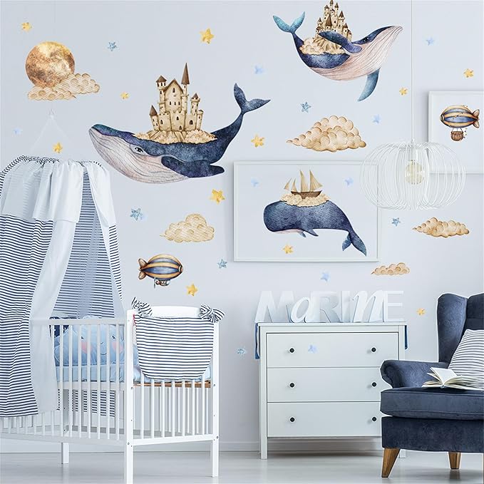 Removable Vinyl Whale Wall Decal Sea Life Wall Sticker Decor Nursery Kidsroom School Classroom Livingroom Bedroom Bathroom Coastal Ocean Fish Murals Decals
