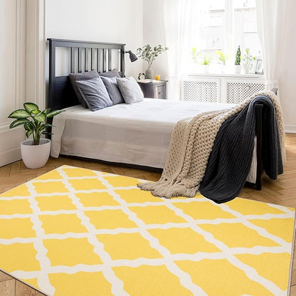 Machine Washable Moroccan Trellis Design Non-Slip Rubberback 3x5 Traditional Indoor Area Rug for Living Room, Bedroom, Kitchen, 3'3" x 5', Yellow