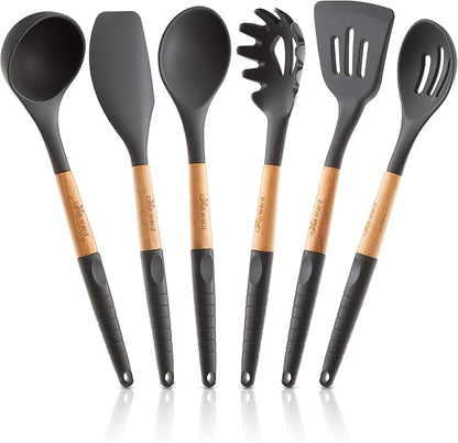 Silicone Cooking Utensils Set (6 pcs) Natural Wood Kitchen Utensils – Eco Friendly & BPA Free, Non-Scratch & Non-Stick Easy Grip -Black
