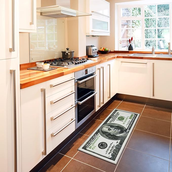 Machine Washable $100 Bill Design Non-Slip Rubberback 17x43 Modern Runner Rug for Hallway, Kitchen, Bedroom, 17" x 43", Green/Multicolor