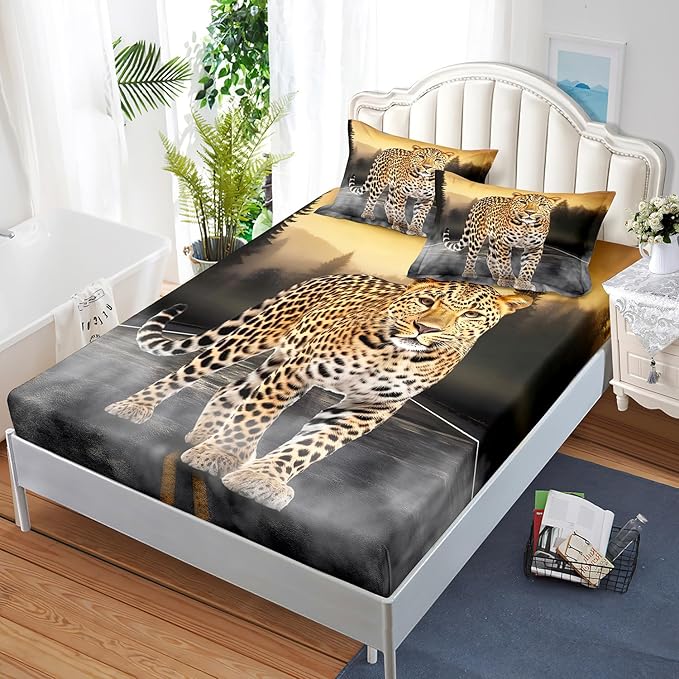 AILONEN Leopard Fitted Sheet Set Twin Size, 3D Cheetah Printed Bed Sheet Set,Wildlife Bedding Leopard Sheet Set,Wild Animal Leopard Bed Sheet Set Boys Fitted Sheet with 2 Pillowcases,3 Pieces