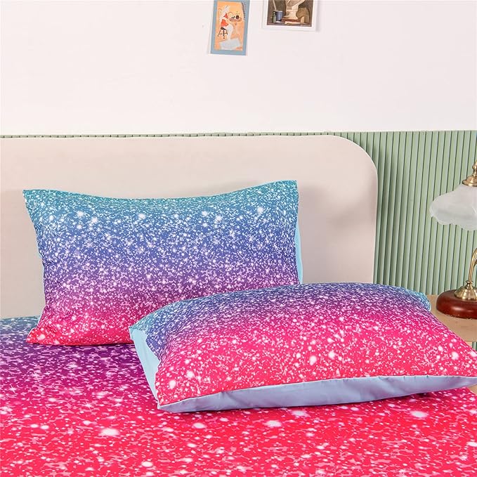 RYNGHIPY Colorful Glitter Bed Sheet Collections, Glitter Rainbow Theme Fitted Sheet Full Size, Mermaid Design Sheets Set for Girls (Pink Blue,Full)