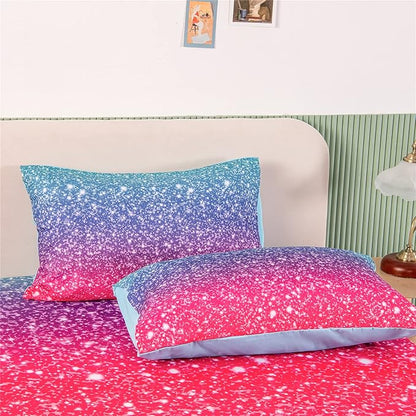 RYNGHIPY Colorful Glitter Bed Sheet Collections, Glitter Rainbow Theme Fitted Sheet Full Size, Mermaid Design Sheets Set for Girls (Pink Blue,Full)