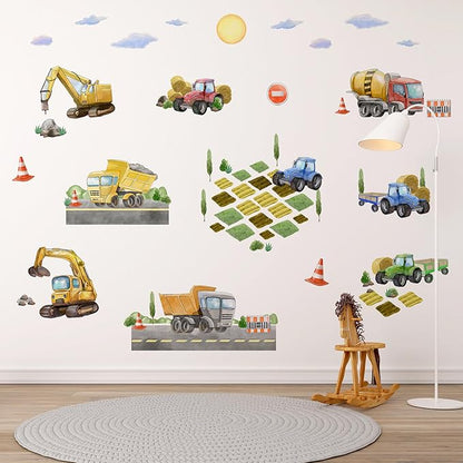 Large Car Wall Decals for Kids by Lipastick - 58 pcs Transports Wall Stickers Peel and Stick Truck Stickers – Construction Cars Wall Decals - Tractor Excavator City Nursery Playroom Wall Décor L Size