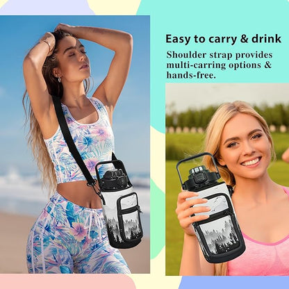 64 oz Water Bottle with Straw Sleeve & Strap Motivational Half Gallon Water Jug with Handle for Gym Women Men Aesthetic Water Bottle with Strap Bird