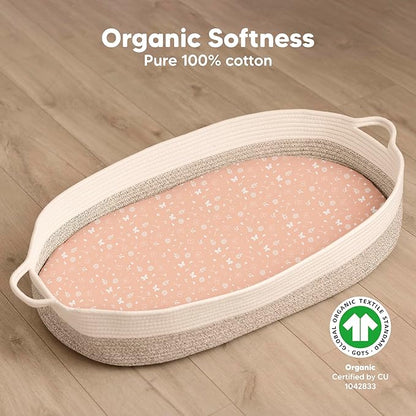 2-Pack Organic Bassinet Sheets for Girls, Boys - 100% Cotton Bassinet Mattress Sheets Compatible with Halo Bassinest Swivel Sleeper, Graco, Baby Delight, Chicco, Fitted Bassinet Sheets (Butterflies)